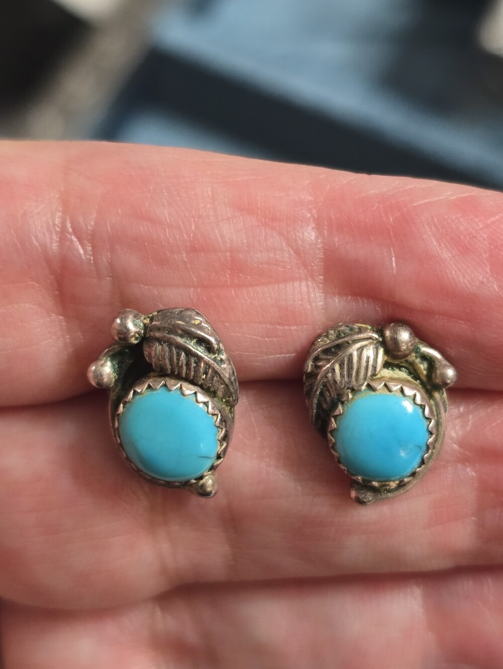 Native American Turquoise Leaf Sterling Silver Stud Post Earrings